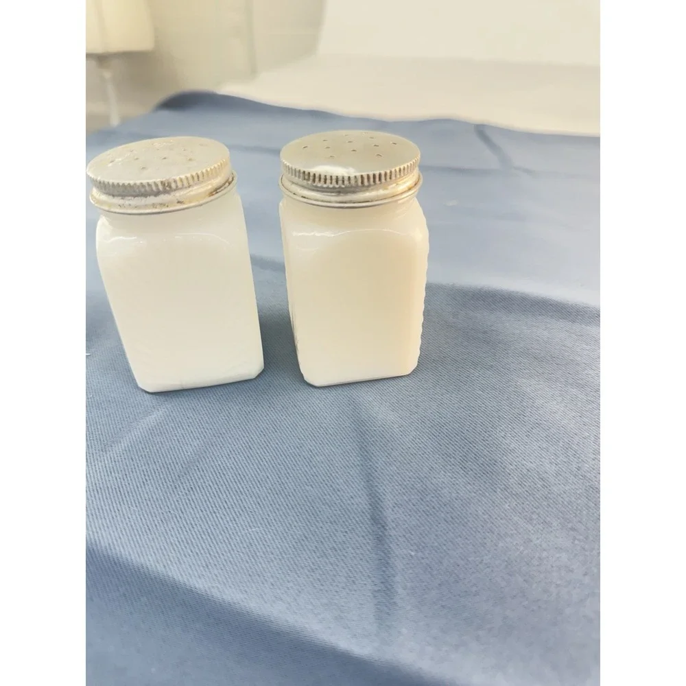 Antique White Glass Salt & Pepper Shakers Set Refillable Silver Metal Tops 4.25